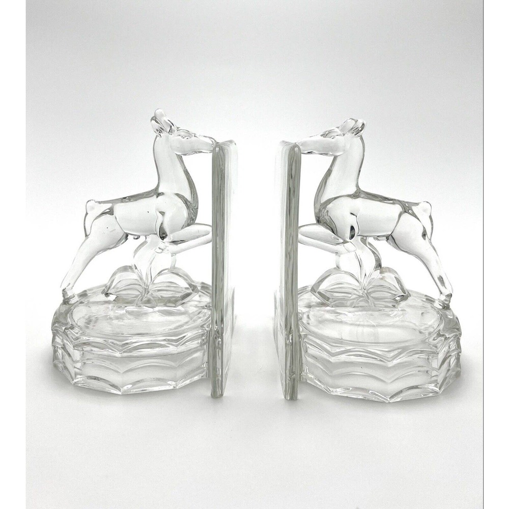 Glass Deer Gazelle Horse Glass Bookend Set 2 Vintage Art Deco 1930’s Rare